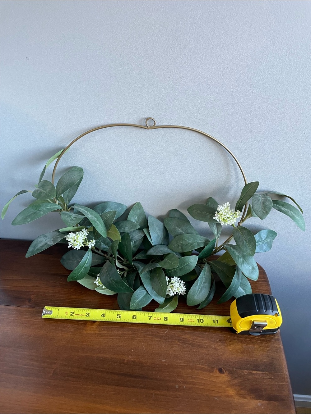 Decorative Greenery Hoop Wreath – Faux Eucalyptus with White Blossoms